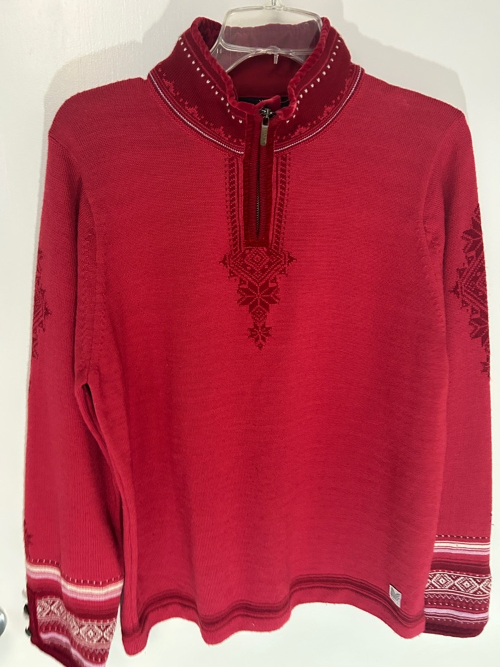 Dale of Norway Red & Cream Quarter-Zip Mock Cowl Neck Sweater with Metal Buttons